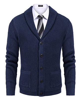 VOBOOM Men's Knitwear Button Down Shawl Collar Cardigan Sweater with Pockets 