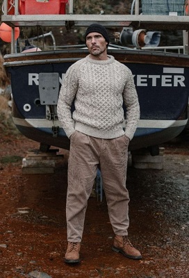 cool men's look iconic Aran knit sweater