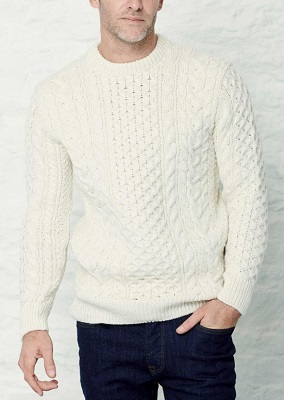 Aran Sweater Men's Traditional Knit 100% Wool Crew Neck Made in