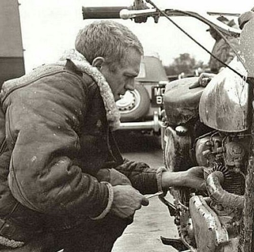 Steve McQueen Sheepskin B-3 bomber jacket motorcycle repair