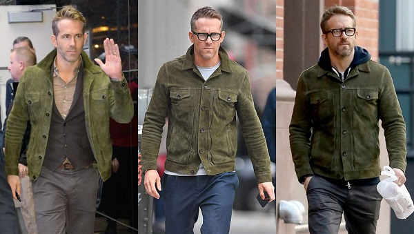 Ryan Reynolds green suede trucker jacket 