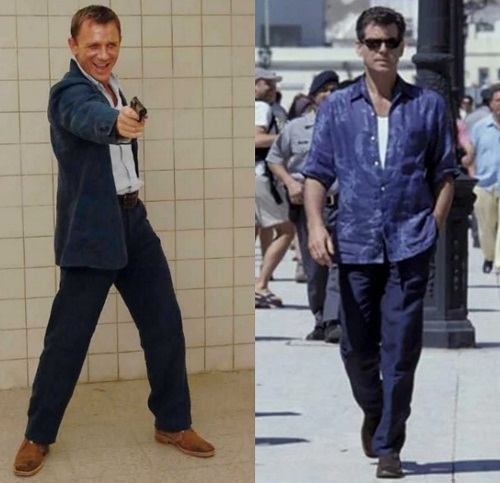 Daniel Craig Pierce Brosnan James Bond navy linen trousers