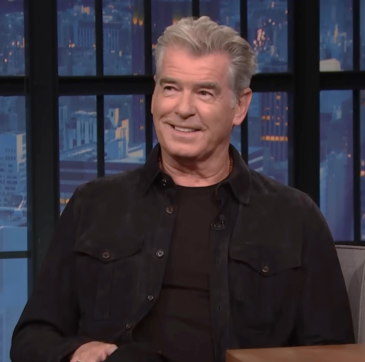 Pierce Brosnan Seth Meyers Black Suede Shirt Jacket 